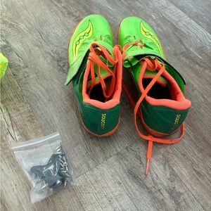 Saucony Green and Orange high jump spikes